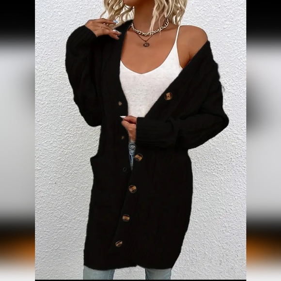 Women's Black Cable Knit Button Up Cardigan Sweater XL(14) - Picture 5 of 7